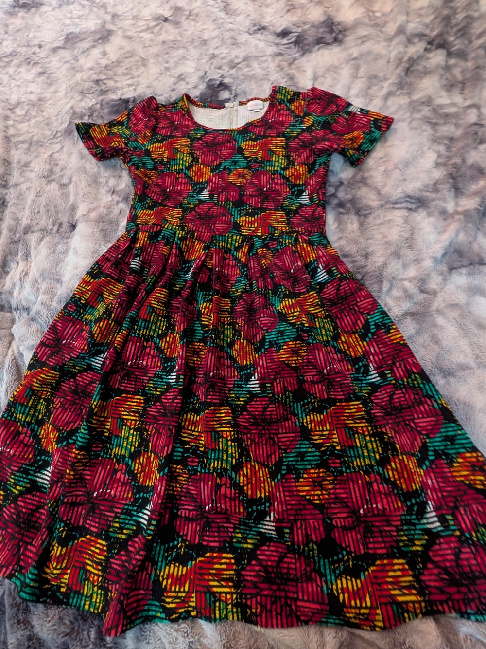 LuLaRoe Women's Fuchsia Floral Short-Sleeve Dress with Teal and Yellow Accents